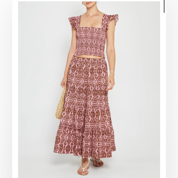 NWT O.P.T. Smocked top and maxi skirt set pink brown S/M - Picture 2 of 11